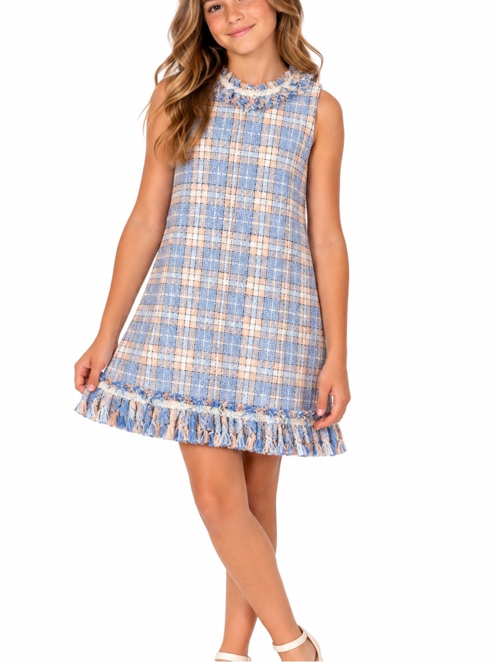 Coquette Classic Girls Blue Pink Plaid Tweed Fringe Shift Dress SZ 16